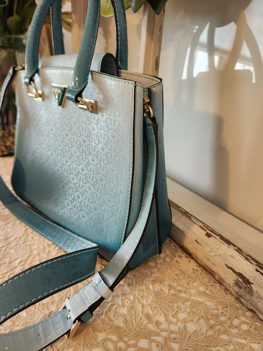 GUESS Blue Ombre Satchel with Removable Crossbody Strap And Matching Changebag